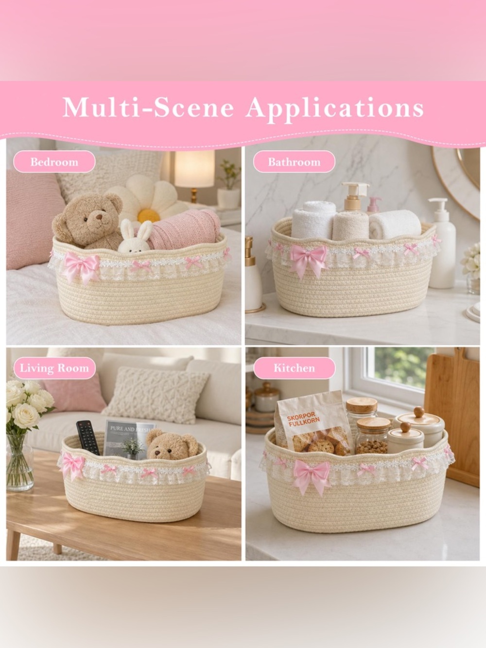 Decorative Pink Ribbon Cotton Rope Gift Basket with Bag & Ribbon - Picture 5 of 14